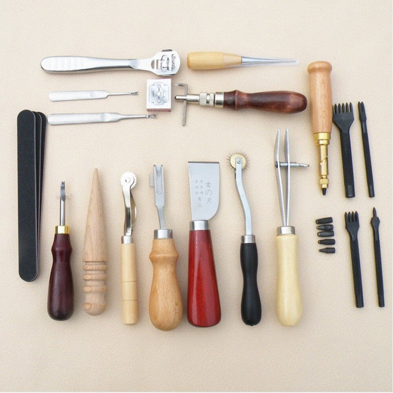 Professional 18 Pcs Leather Craft Tools Kit Hand Sewing Stitching Punch Carving Work Saddle Leathercraft Accessories